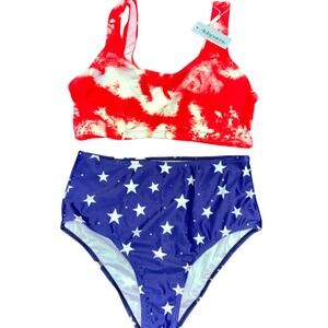 Adisputent American Flag Bikini Set Womens M Blue Red Stars Print High Waisted
